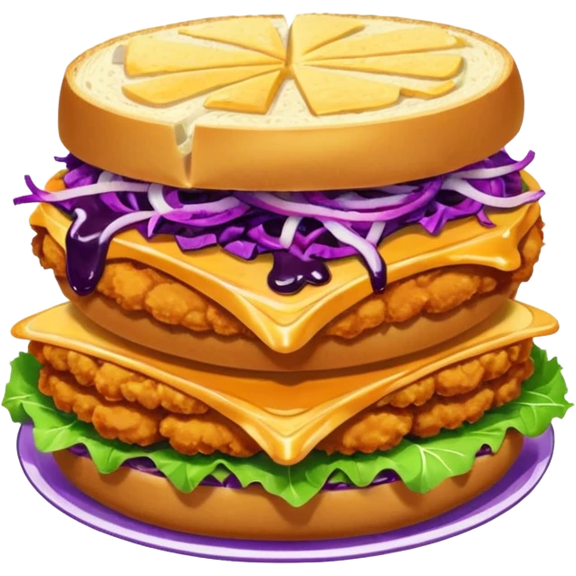 Burning hot, spicy,  stacked chicken sandwich — two thick golden toast slices, a crispy breaded chicken fillet, green lettuce, and purple cabbage slaw, with glossy dark sauce dripping down the sides. emoji