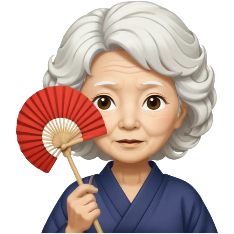 japanese culture old woman with white wavy hair and wrinkles holds a fan to cover her face emoji