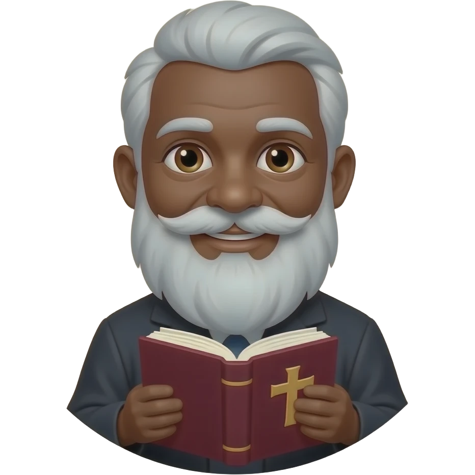 wise old man with grey hair slight smile brown eyes white beard black skin with burgundy book that has a cross on it no circle emoji