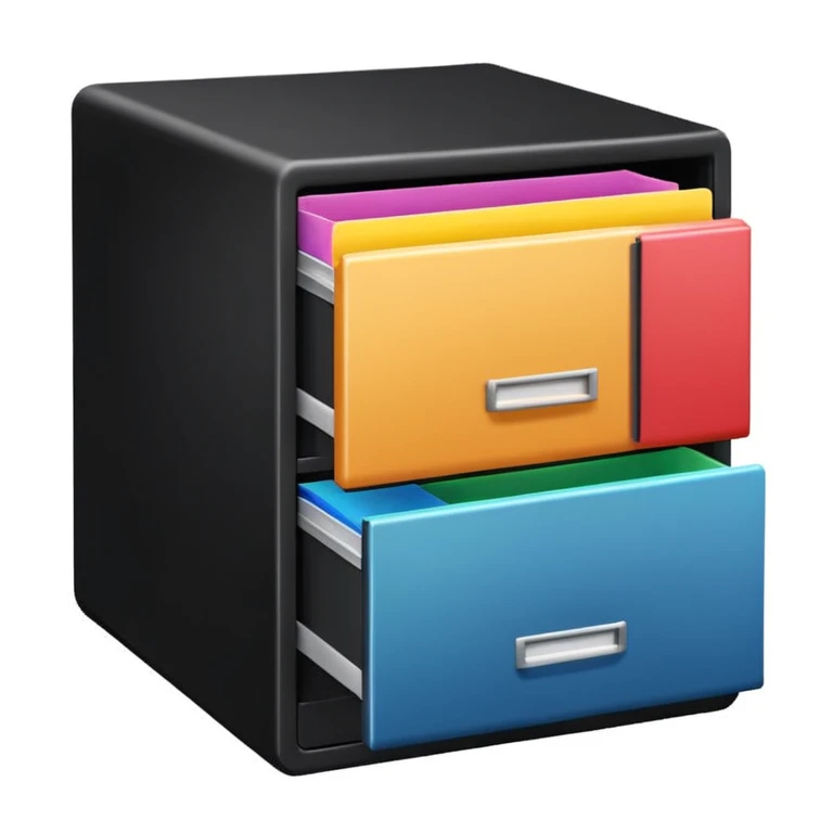 black filing cabinet with open bottom drawer with colorful folders emoji