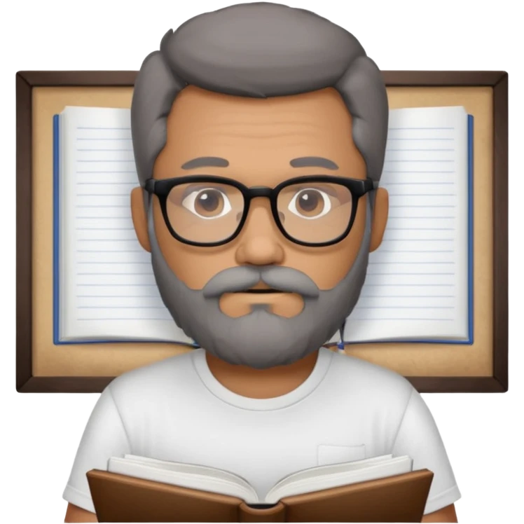 A man with a large gray beard, dark hair, wearing a t-shirt and glasses, studying. emoji