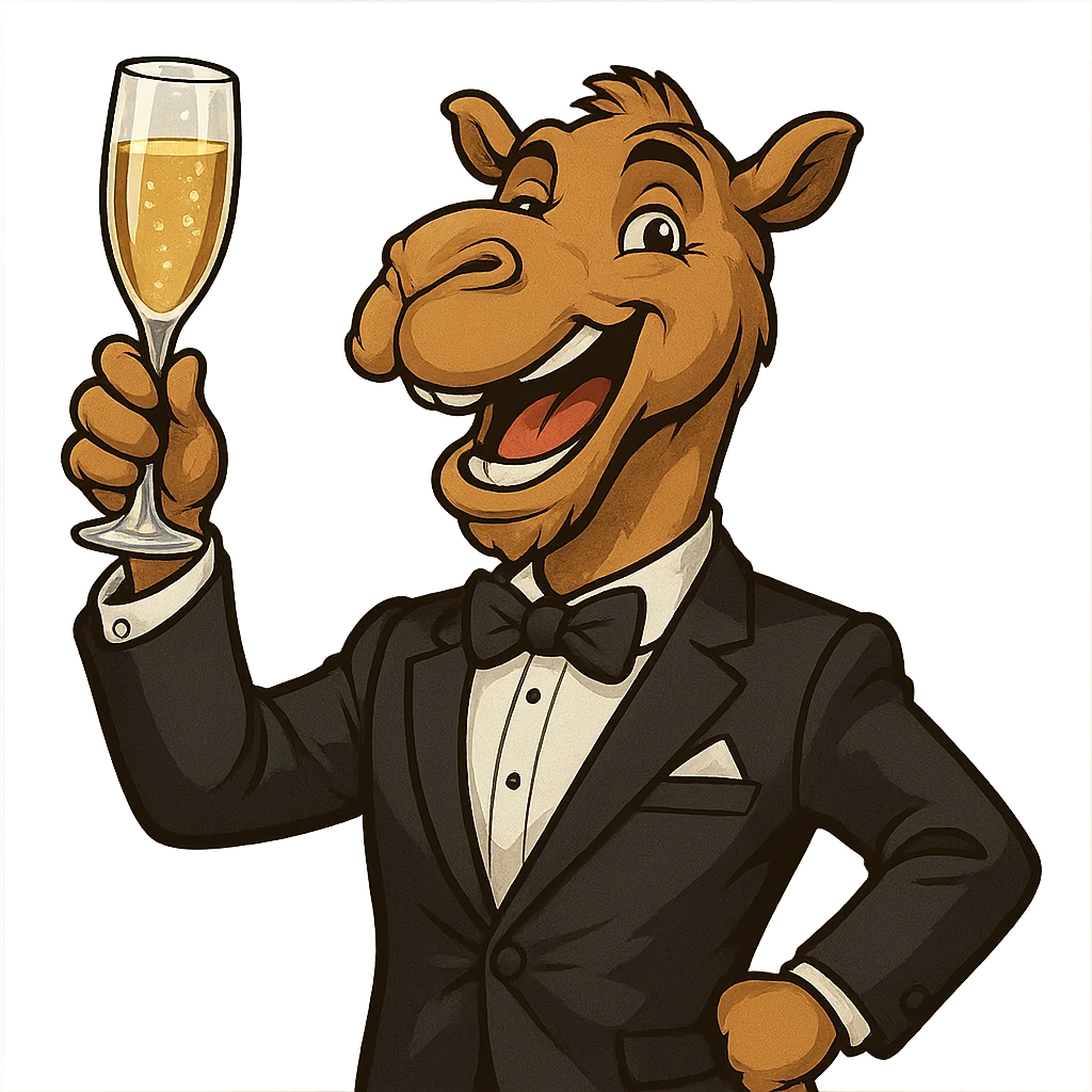 a camel in formal attire, toasting with champagne, cheerful expression, celebratory mood emoji