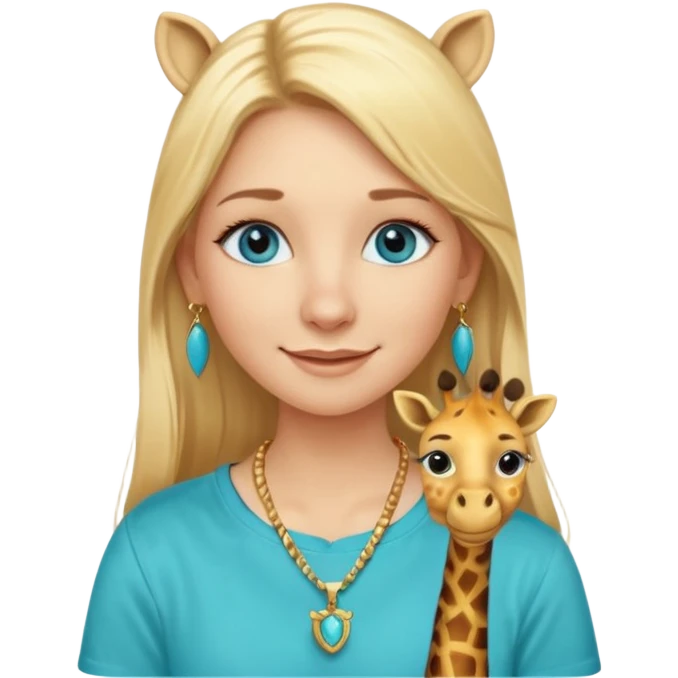 Swedish girl blonde long straigt hair blue eyes turqoise shirt gold earings girrafe necklace gold small long lashes smiling closed mouth emoji