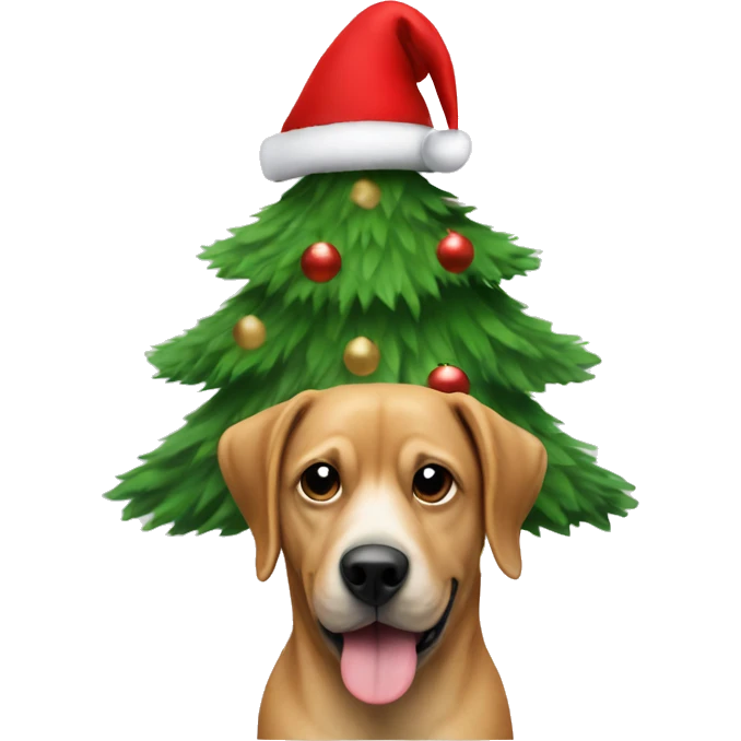 Christmas tree with a dog with Christmas hat next to it emoji
