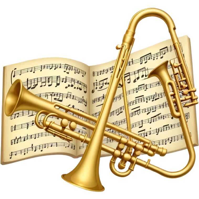 Create an elegant and artistic emoji that represents music arrangement and orchestration. The design should feature a conductor's baton, musical scores, and various orchestral instruments (e.g., violin, trumpet, flute). Incorporate flowing lines to represent harmony and orchestral balance, along with a subtle representation of sheet music. Use rich, classical colors like gold, silver, or deep blue, and create an atmosphere of sophistication and precision. The background should be transparent. emoji