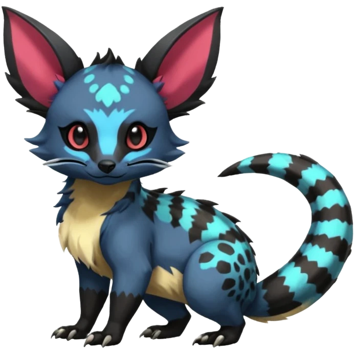 Rare exotic cute epic aesthetic gothic colorful Salandit-Eevee-Civet-species-Fakemon-hybrid-creature, with markings, full body emoji