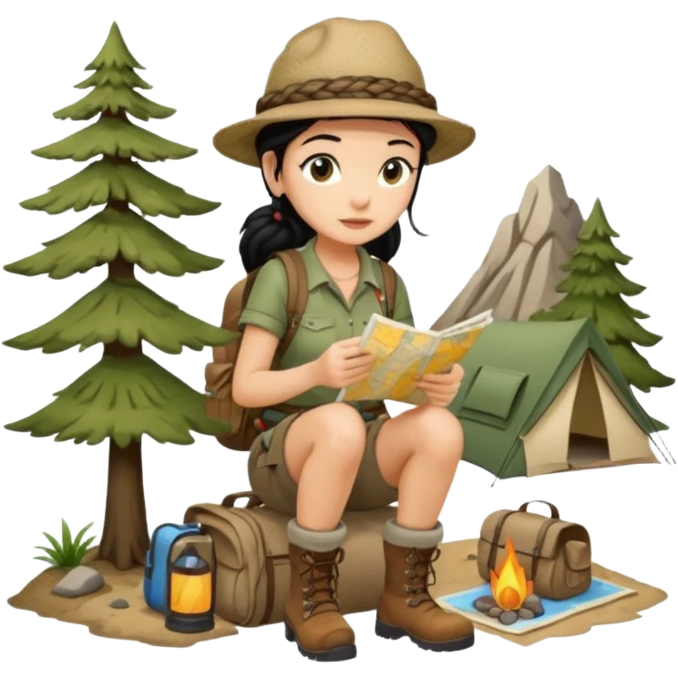 A braid black hair backpacking woman checking her map with curious eyes while walking wear camping hat and dirt covered boots full body emoji