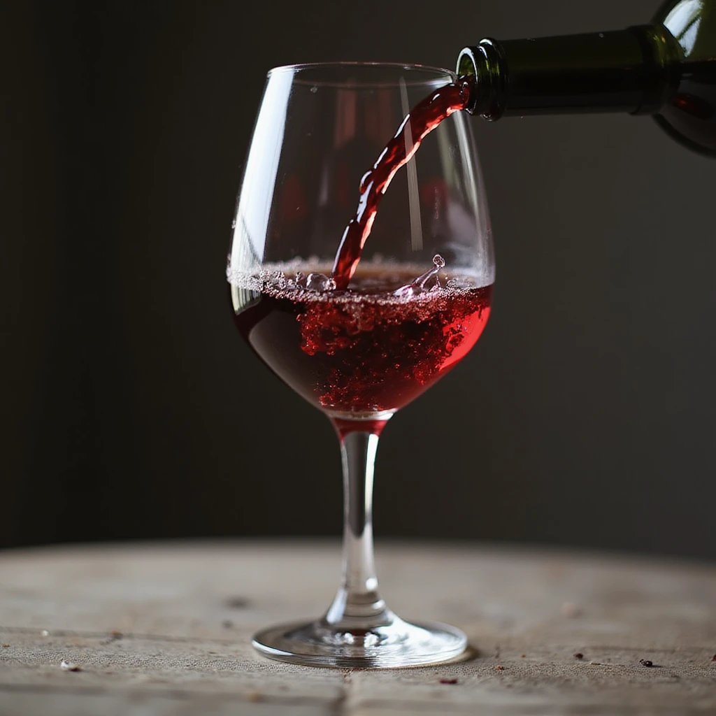 a glass of red wine with a slight wine pour motion, photorealistic style, no background emoji