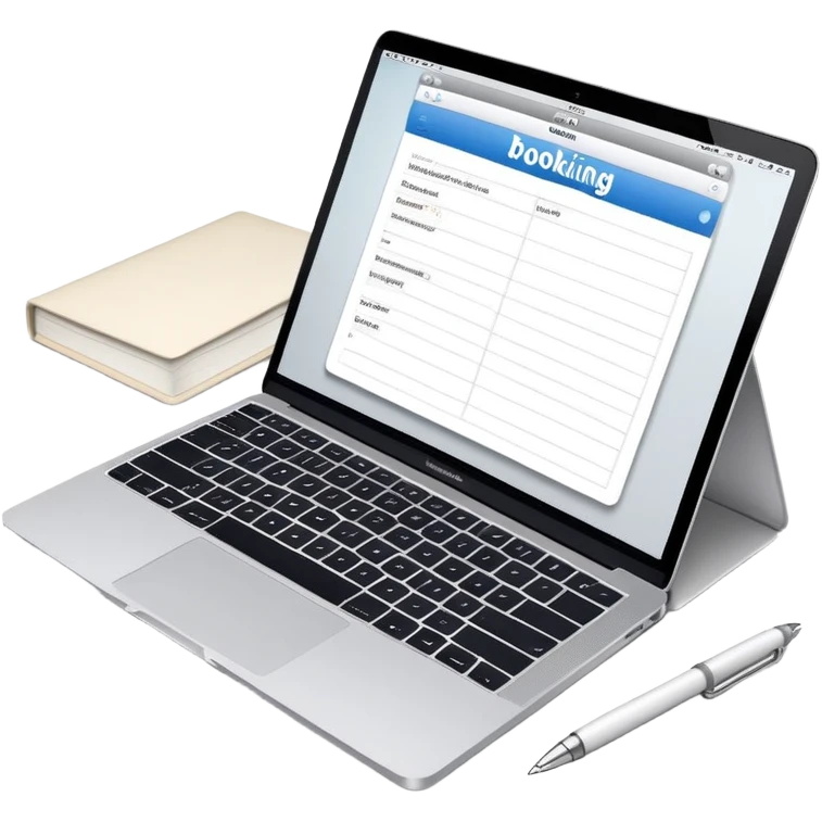 online booking system on MacBook screen next to an old-style paper notebook with a pen emoji