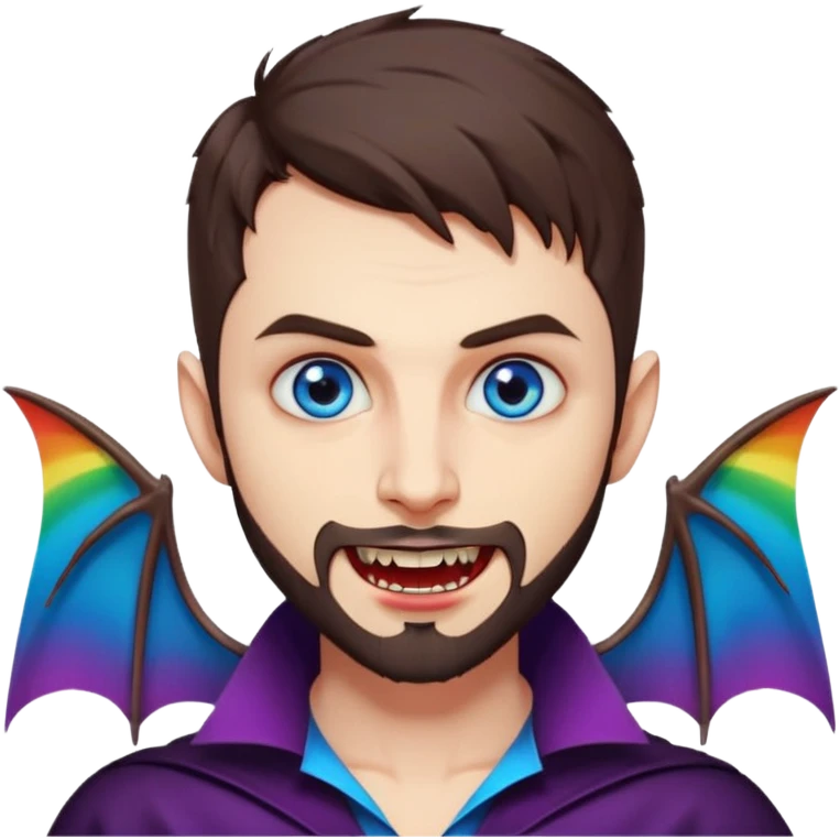 Vampire with hypnotic blue eyes, short brown hair, short beard/scruff and long sharp vampire fangs. rainbow color bats behind him emoji