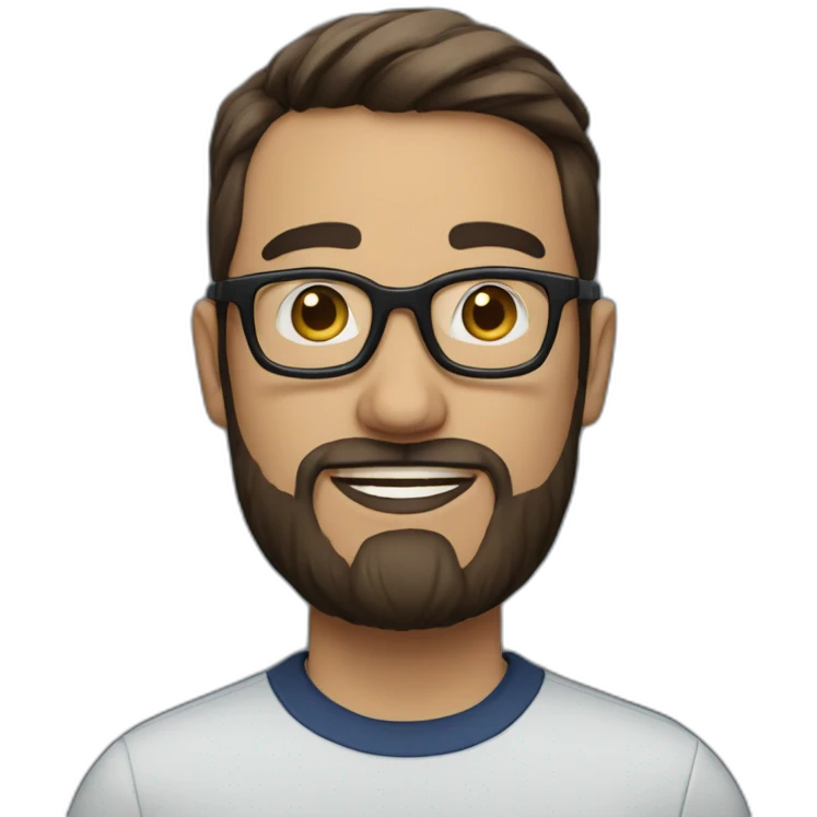 A man with short brown hair and Beard and black round glasses, wearing a dark blue shirt emoji