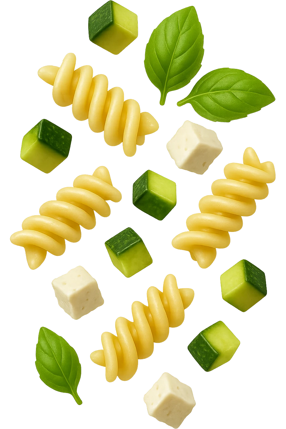 EMOJI STILE IPHONE DI Pasta di riso con zucchine, basilico e feta cade verticalmente, iperrealistica 4k emoji