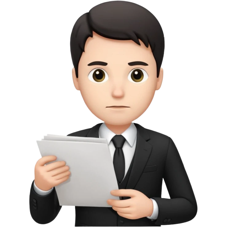 A white man in a black suit stands with a serious face and points at his hand holding papers. emoji