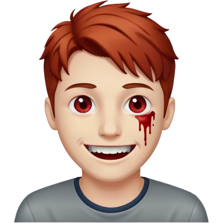 парень с красно-русыми волосами; бледная сероватая кожа; белые глаза; открытая улыбка, где на зубах кровь;  emoji