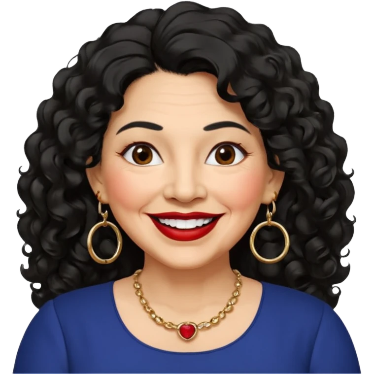 60 yr old Mexican woman, slightly chubby, wavy/curly long black hair, red lipstick, big smile, white teeth, brown eyes, hoop earings, side part to hair, round face, nice blouse, no wrinkle hair side swept, big hoop earing emoji