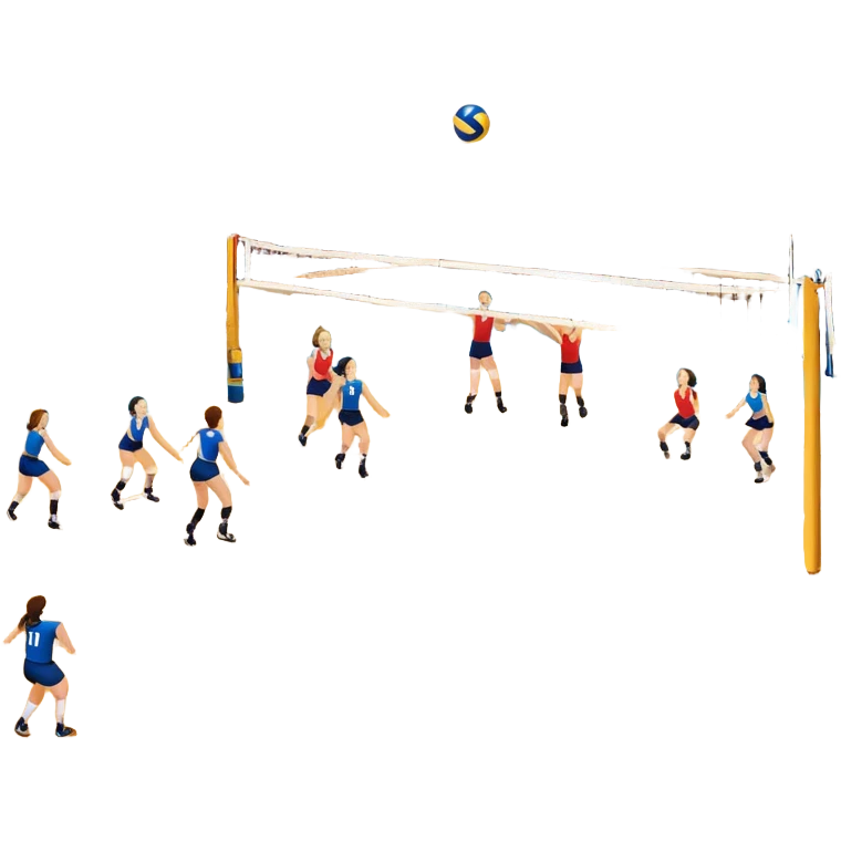 A close-up of a volleyball on the court, with the net in focus and the court markings visible. The background shows the stands filled with spectators, creating an energetic atmosphere of a volleyball match, with attention to detail on the equipment and the surrounding environment. emoji