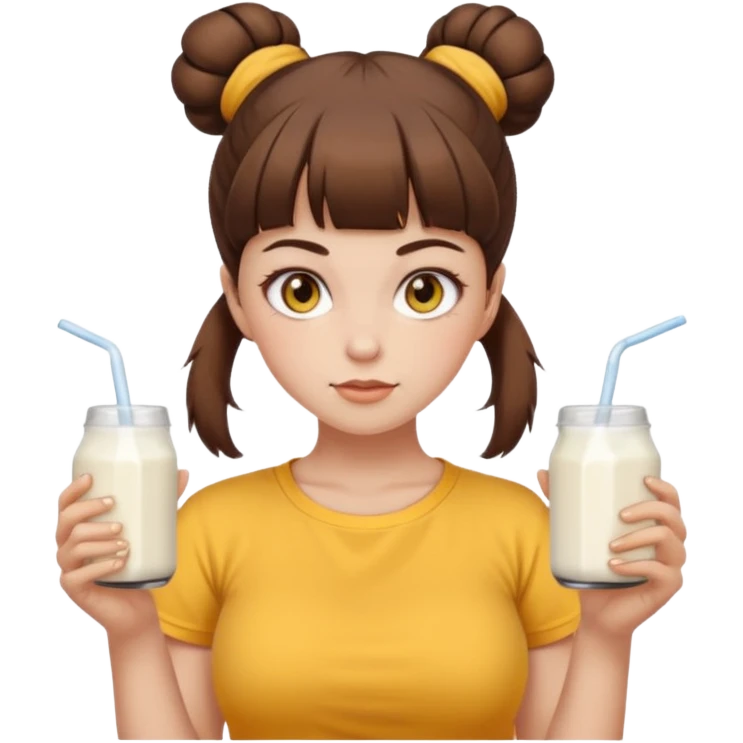 beautiful girl with brown hair with twin buns style, straight bangs, yellow eyes, milk brown tshirt, white skin, her body is a little fat  emoji
