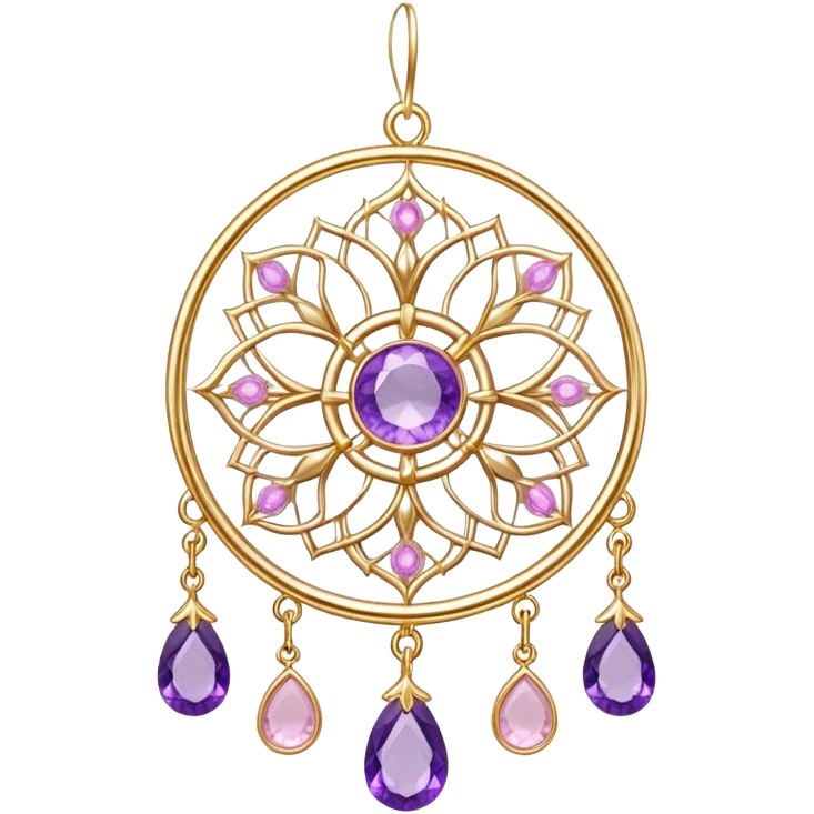 Epic beautiful gorgeous cute transparent gold suncatcher, threads with shiny sparkly amethyst and rose-quartz gemstones, flowers,  emoji