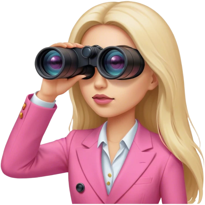 futuristic-looking woman with long hair in an intensive color pink suit looking through two-eyed binocular, viewed from an angled perspective emoji