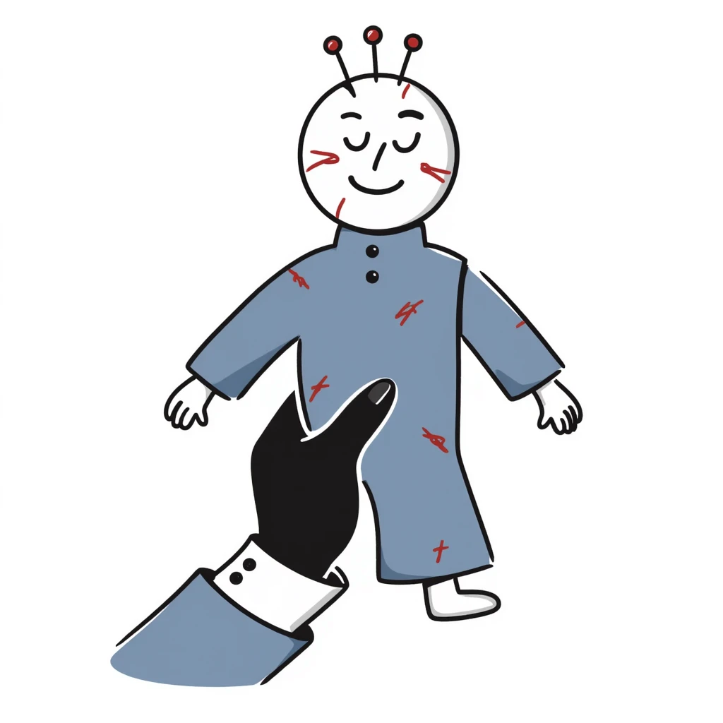 A hand-drawn voodoo doll with Carolina blue fabric and red thread stitches, looking slightly creepy with pins emoji