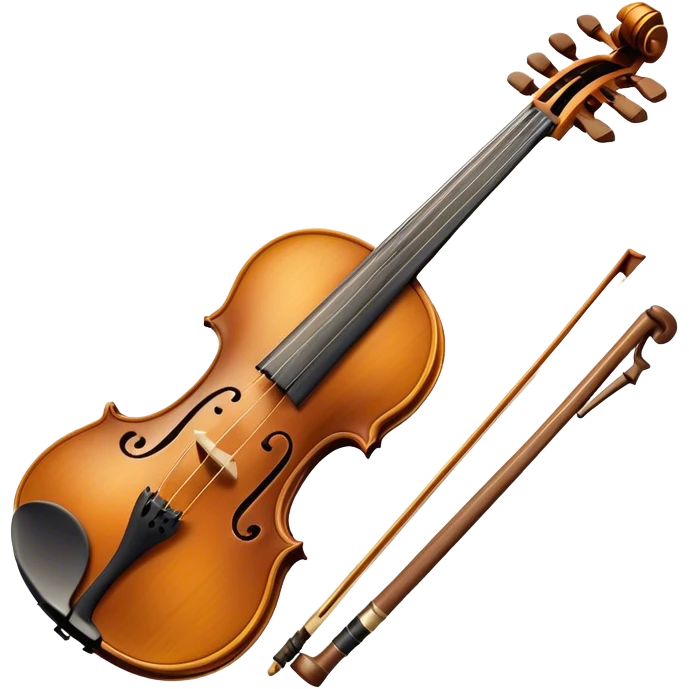 Create an elegant and detailed emoji representing a Stradivari violin. The design should showcase the finely crafted wooden body of the violin, with its smooth curves and rich, golden-brown wood finish. Highlight the intricate f-holes, fingerboard, and bridge. The bow should be placed next to the violin, with visible horsehair and a polished wooden stick. Use warm, deep wood tones for the body and subtle silver or gold accents for the fittings. Add a soft glow or light reflections to emphasize the exquisite craftsmanship and timeless beauty of the instrument. The background should be transparent. emoji