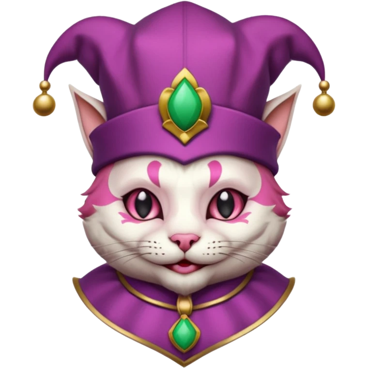 court jester cat medieval, single poker card joker clearly visible, pink, face only, round badge,  court jester cap emoji