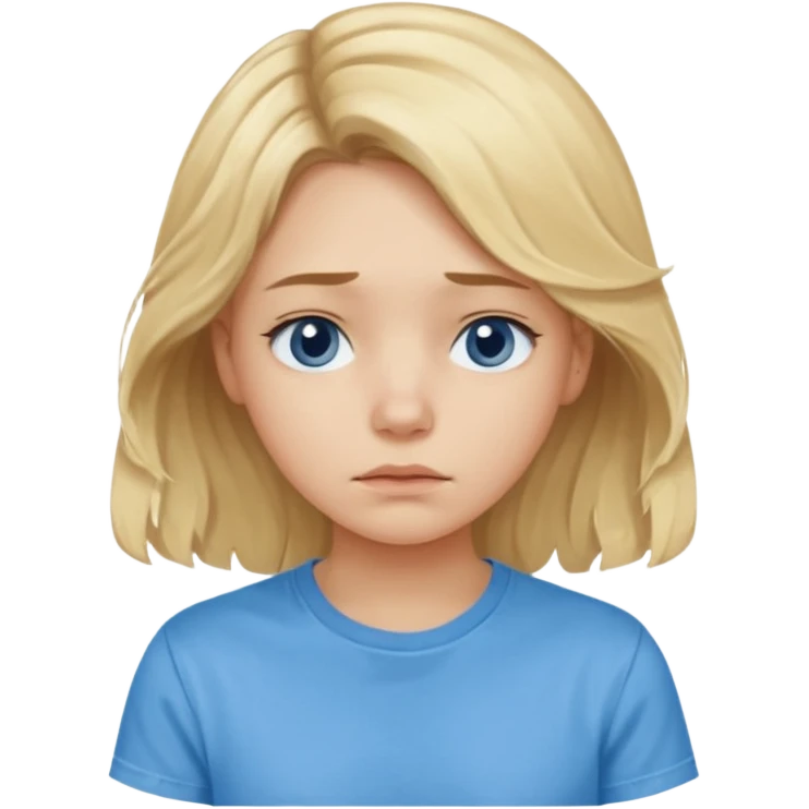 Sad blond girl with light weavy hair with a blue shirt but we can see only her face and neck and the top of the t shirt, no whole body emoji