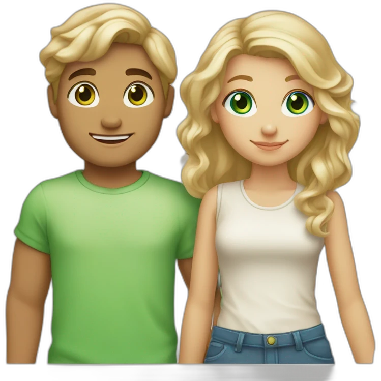 “blonde girl with tan skin and blue eyes” holding hands with “tan boy with long curly brown hair and green eyes” emoji