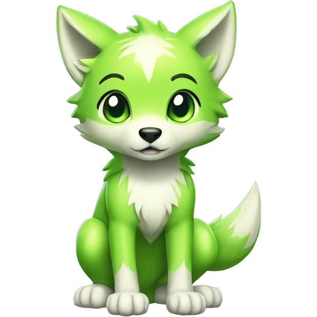 Cute Shy Shiny Lime-Green Fakémon-Wolf with white and dark-green markings Full Body emoji