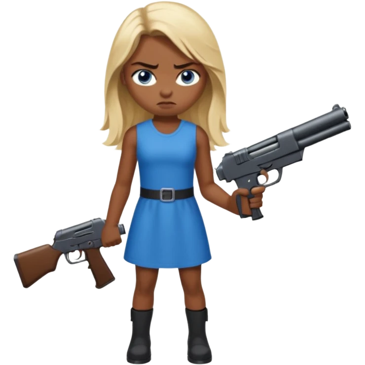 Beautiful  blue eye blonde Long Hair Gangsta girl in a short Dress Looks angry  with a big gun emoji