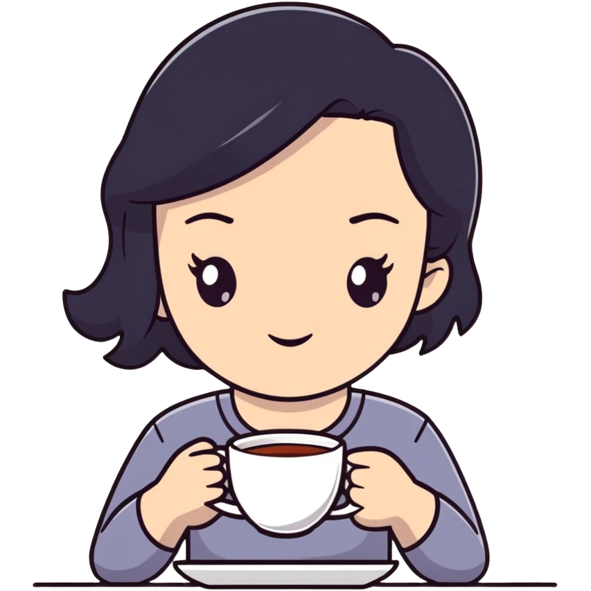 white girl with black hair, self care moment, holding a cup of tea, relaxed emoji