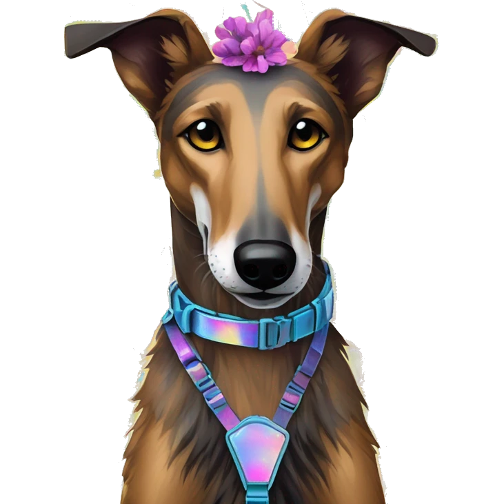 brindle brown black maroon gold lurcher Alsatian fox running blue eyes and iridescent holographic oilslick harness wearing paper iridescent tropical flower crown yellow caution tape emoji