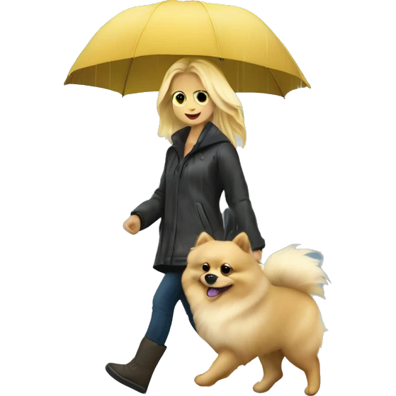 Blonde girl walking pomeranian under the rain emoji