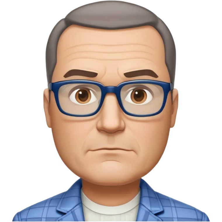 50-year-old heavyset man with very wide face and prominent square jawline. Short straight hair combed to the side, not balding. Large dark square glasses. Serious-relaxed expression. Light gray jacket that fits his larger frame, white shirt with blue checkered pattern. emoji