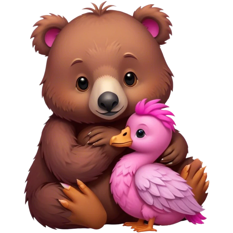 A cute realistic brown bear and a realistic cute pink dodo closely snuggled together emoji