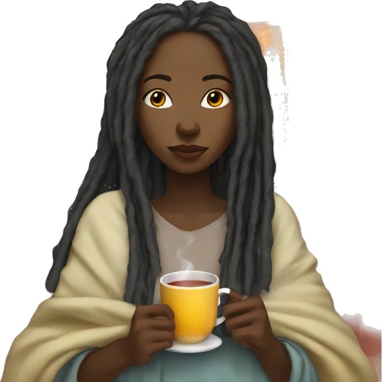 Black girl with long dreadlocks sipping on hot tea with blanket emoji