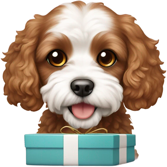 Brown and white cavapoo and gift box emoji