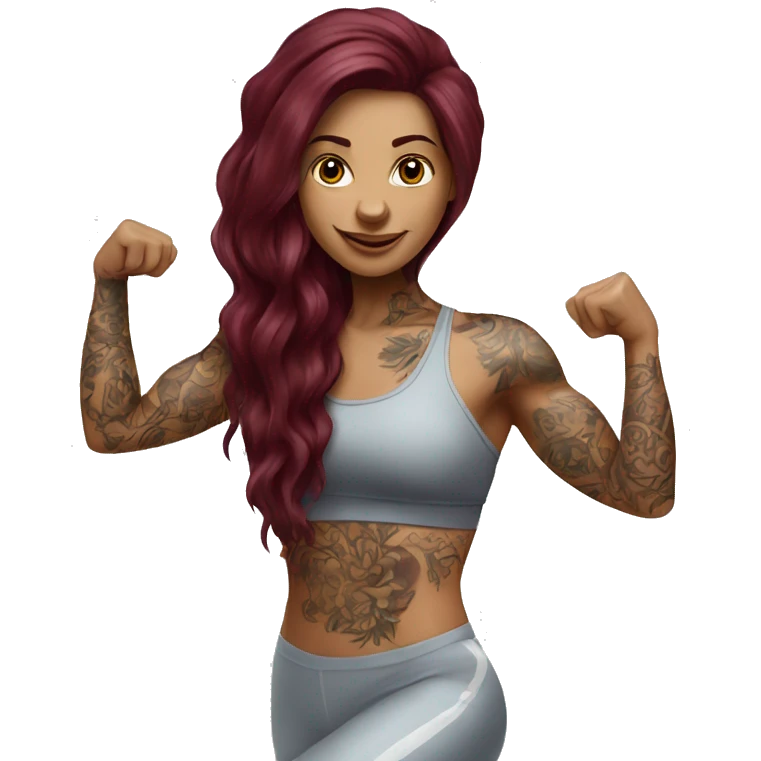 Beautiful tattooed  burgundy long haired woman doing Pilates emoji