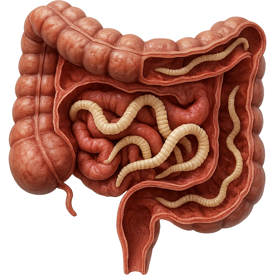 hyperrealistic detailed 3D section of human intestine with tapeworm-like parasites, visible internal structure, realistic colors, 4K, isolated on white background emoji