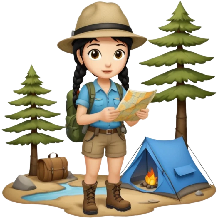 A braid black hair backpacking woman checking her map with curious eyes while walking wear camping hat and dirt covered boots full body emoji