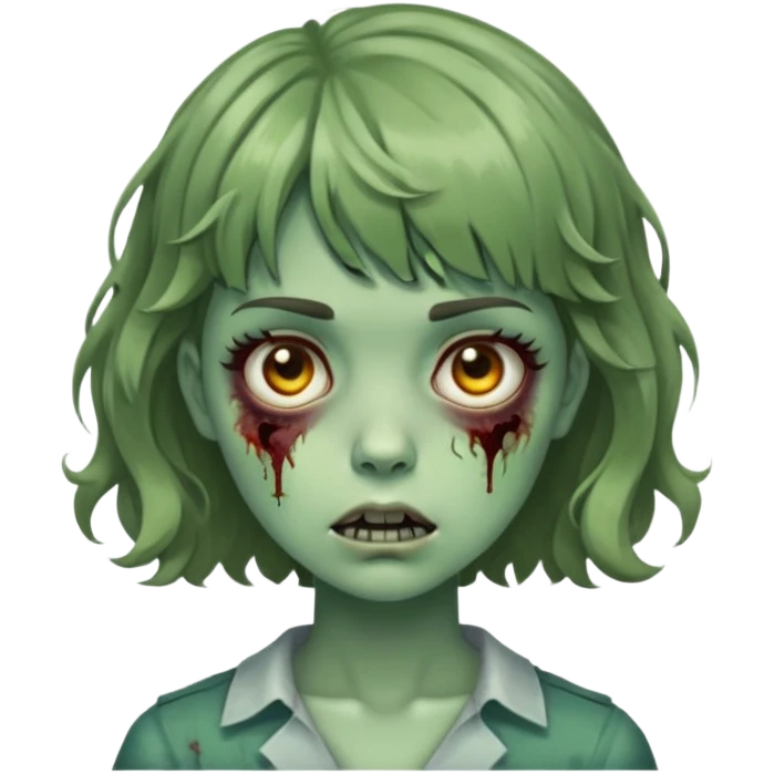 zombie girl with short wavy hair and bangs, greenish skin emoji