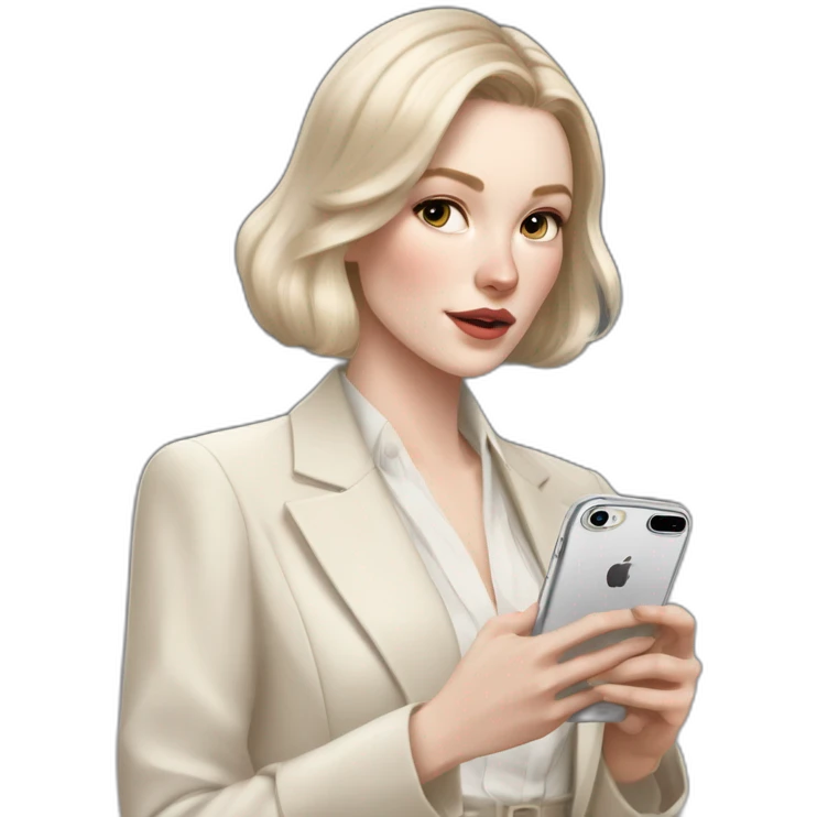 pale skin woman with ash blonde Straightened bob Hair, White Spacious classical jacket, beige palazzo Arrow pants and gray blouse holding white IPhone 15 pro in the hands emoji
