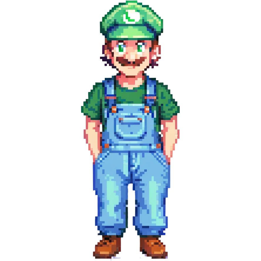 Luigi pixel art style, classic green hat and blue overalls, cheerful expression emoji