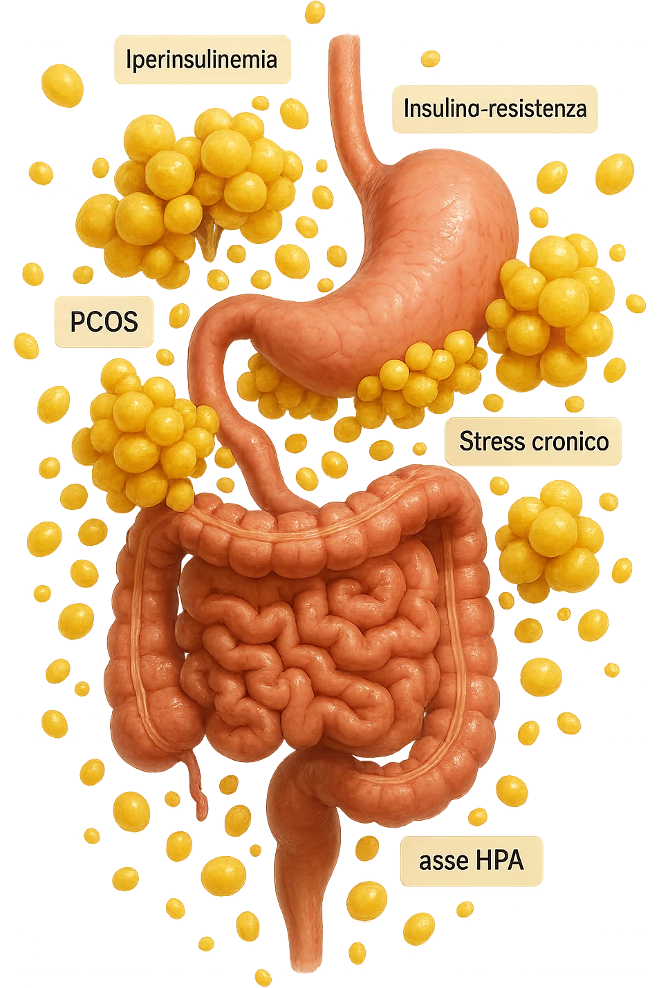 STOMACO E INTESTINO SONO VERTICALMENTE COLLEGATI E INTORNO A QUESTI ORGANI CI SONO CELLULE DI GRASSO GIALLE ATTACCATE SOPRA A GRAPPOLI, intorno fluttuano cellule di grasso giallo e alcune targhette con queste parole "Iperinsulinemia", "insulino-resistenza", "PCOS", "Stress cronico", "asse HPA", IPERREALISTICO 4K emoji