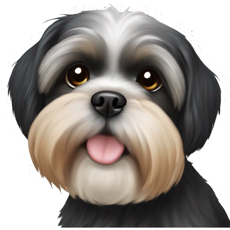 Shih tzu black puppy, yorkie coloring with light colored eyebrows. Round face, short ears. Looks like teddy bear  emoji