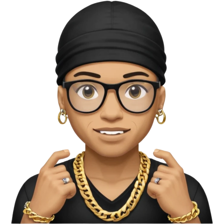 lightskin man with a black durag,a cuban link chain,glasses, and flexing grillz emoji