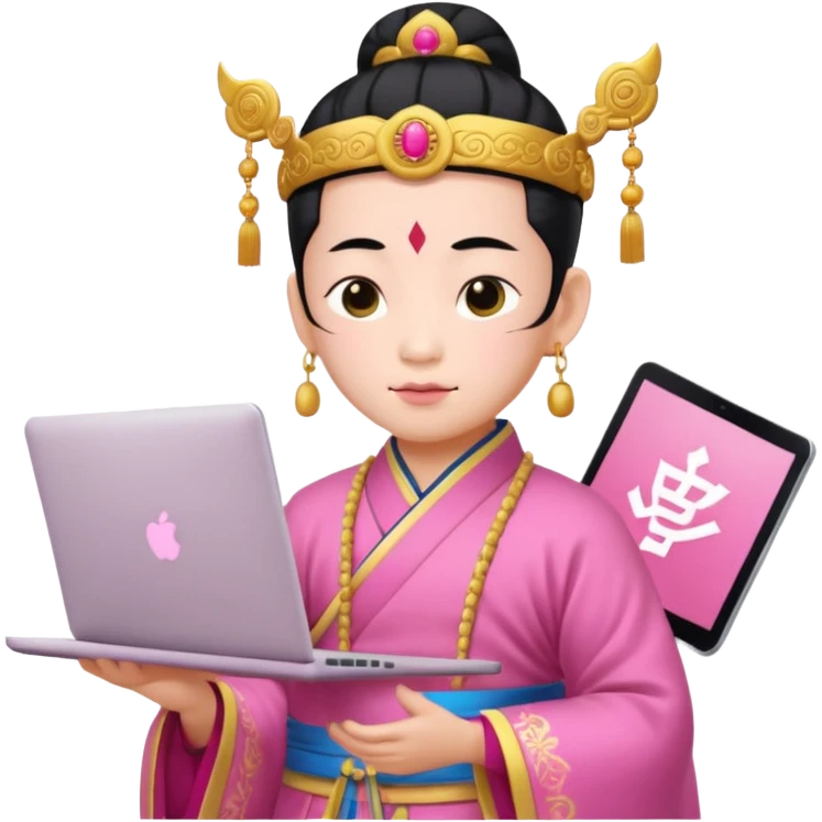 chinese god with laptop, pink emoji