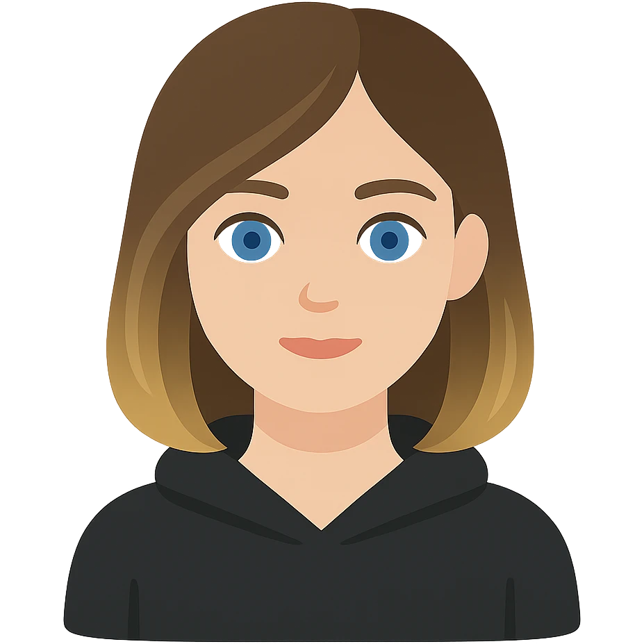 designer girl with blue eyes, shoulder-length brown hair with blonde highlights, wearing a black hoodie emoji