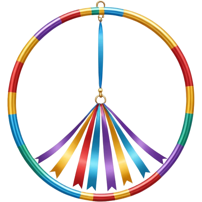 A metallic acrobat hoop decorated with ribbons, perfect for aerial stunts inside the circus tent. emoji