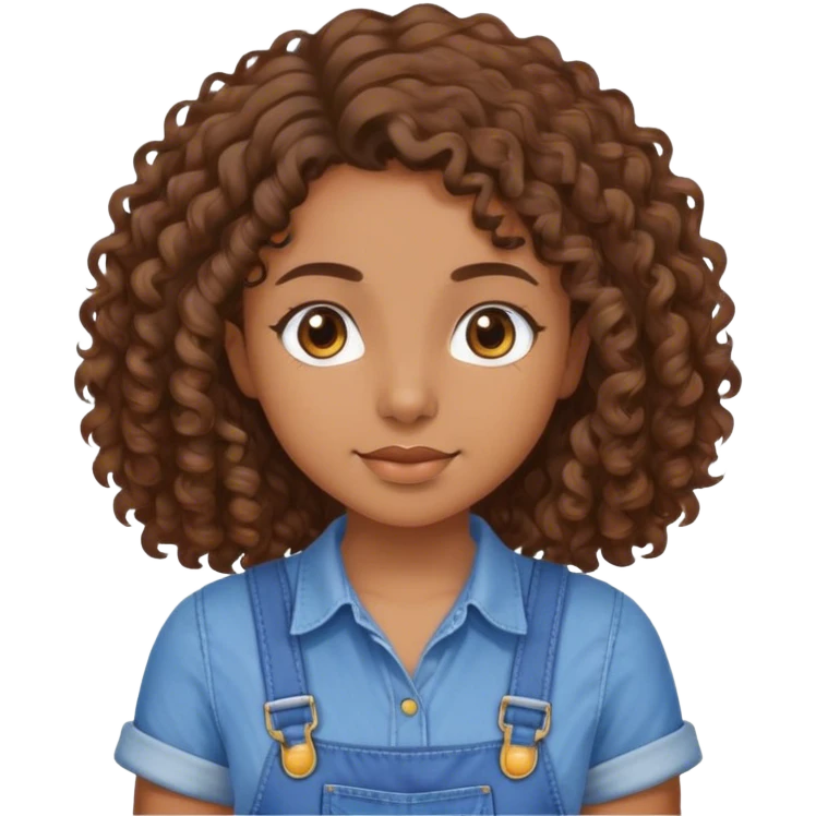 garota parda com cabelos cabelos cacheados castanhos na altura do ombro, olhos castanhos e camisa azul com jardineira  emoji